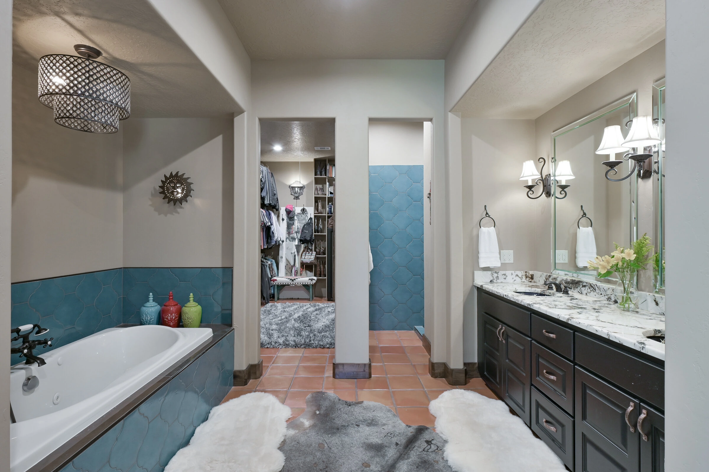 Huntsville Home Builder for Hacienda Spanish Style master bathroom with attached closets